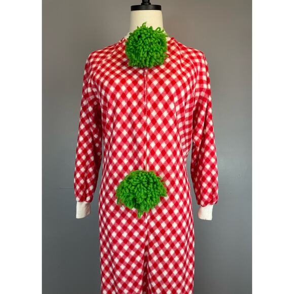 Vintage 1970s Homemade Clown Costume Red White Checked Green Pom Pom Small - Picture 3 of 10
